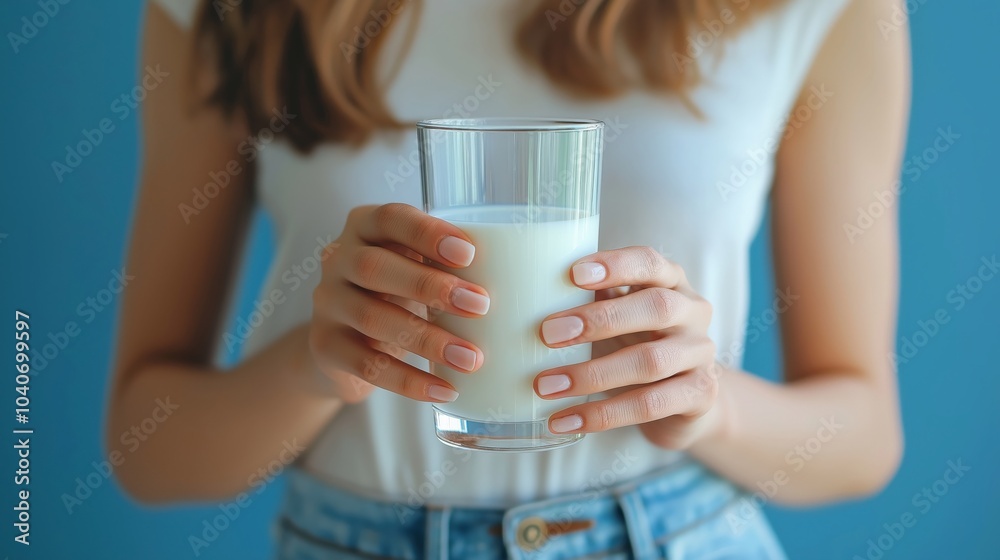 Closeup of person holding a glass of milk. dairy consumption and lactose intolerance concerns Closeup of person holding a glass of milk. dairy consumption and lactose intolerance concerns