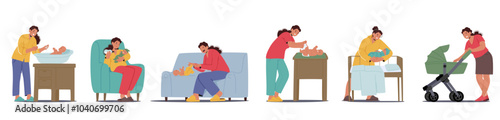 Cartoon Set Depicting Mother Involved In Different Activities With Her Newborn Baby Highlighting Parenting And Childcare