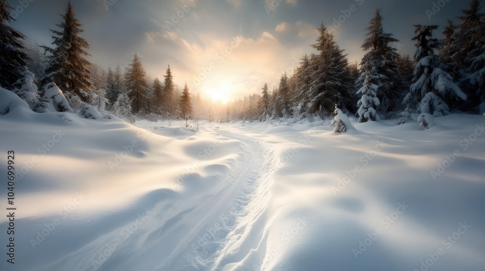 A serene path cuts through a snowy forest, bathed in warm light, offering a tranquil perspective of nature's wintery beauty under the soft glow of the setting sun. A serene path cuts through a snowy forest, bathed in warm light, offering a tranquil perspective of nature's wintery beauty under the soft glow of the setting sun.