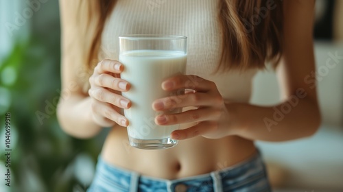 Closeup of person holding a glass of milk. dairy consumption and lactose intolerance concerns