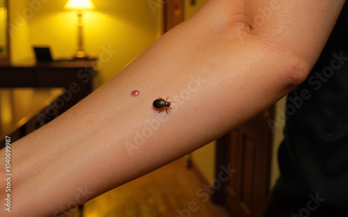 Insect problem in the house, a bug bit a person's hand photo