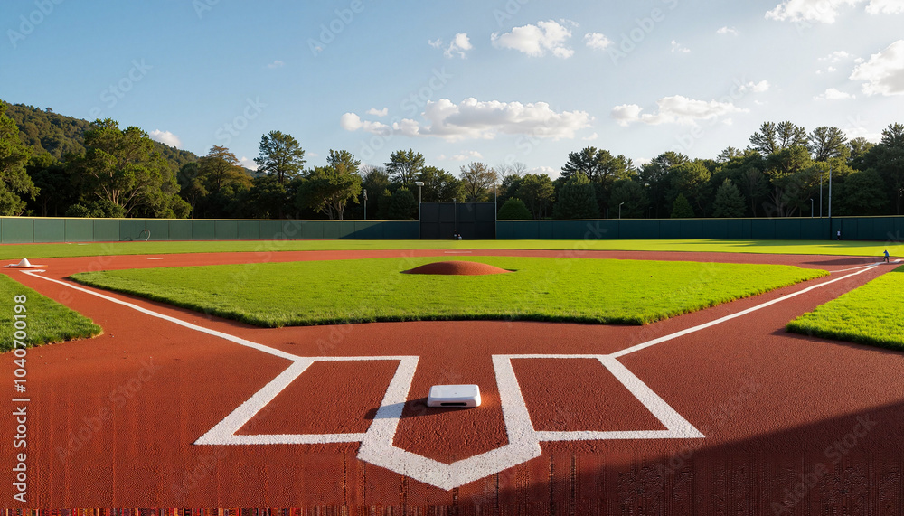 Empty baseball diamond on sunny day with forest background Empty baseball diamond on sunny day with forest background