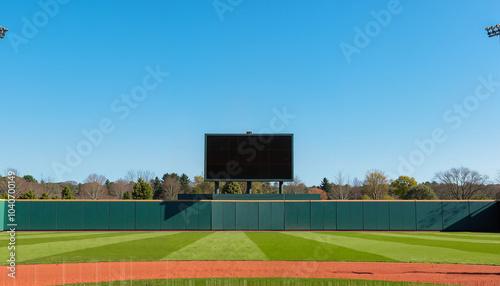 Empty baseball field with scoreboard against blue sky