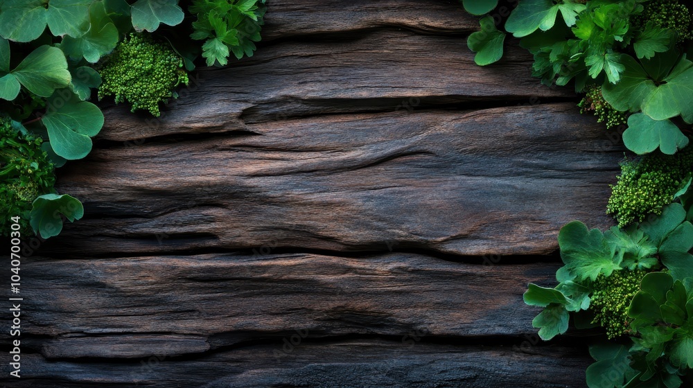Close-up shot of dark, rich wood texture framed by vivid green leaves, reflecting the interaction between lifeless material and vibrant life of nature. Close-up shot of dark, rich wood texture framed by vivid green leaves, reflecting the interaction between lifeless material and vibrant life of nature.