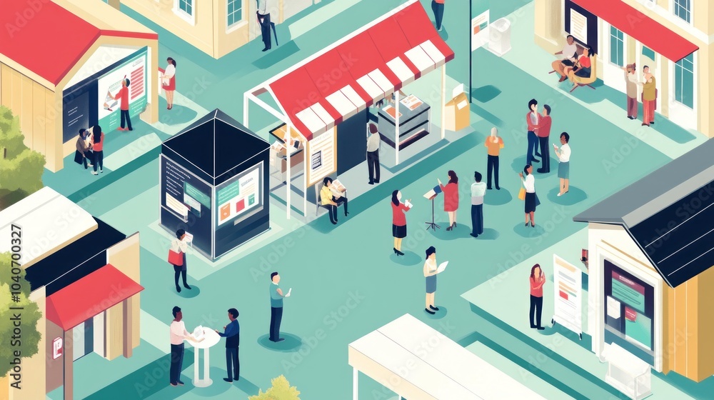 Isometric illustration of a street fair with people, booths, and stalls. Isometric illustration of a street fair with people, booths, and stalls.