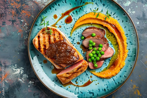 Salmon steak and sliced duck breast with hummus, plum sauce, pumpkin and green pea puree photo