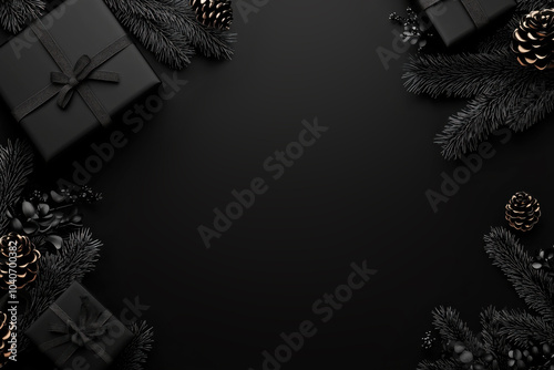 Black Boxes with Pine Tree Branches on Black Top View, Black Friday Concept photo