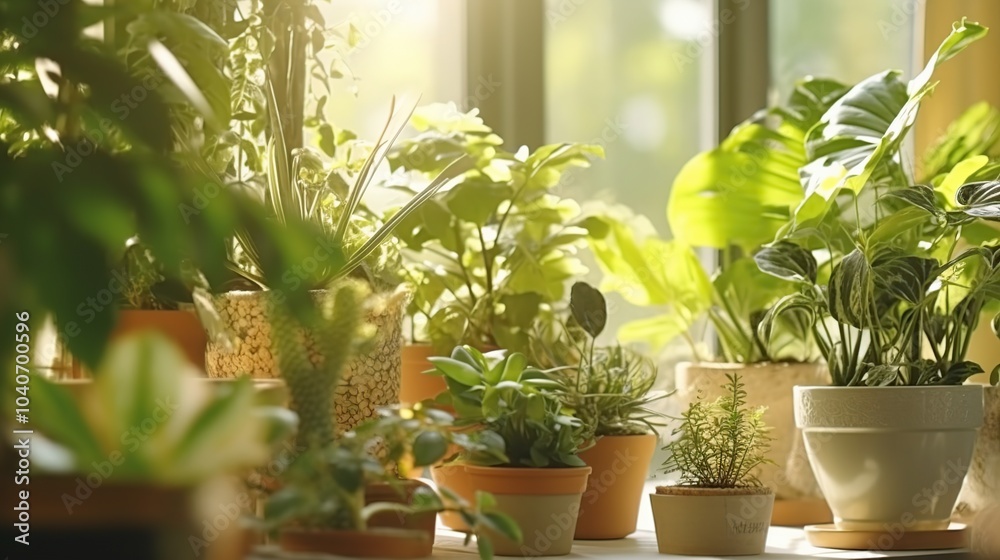 A windowsill filled with a variety of potted plants in various stages of growth, bathed in the warm glow of the morning sun. A windowsill filled with a variety of potted plants in various stages of growth, bathed in the warm glow of the morning sun.