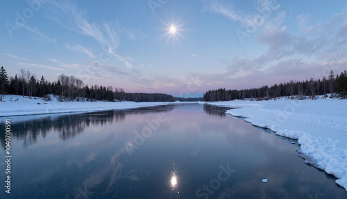 Serene winter landscape with frozen lake and snowy forest, bright star sirius in the sky