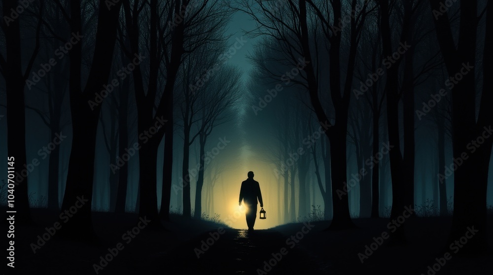 A lone figure walking through a dark forest, holding a lantern that emits a bright golden light. A lone figure walking through a dark forest, holding a lantern that emits a bright golden light.