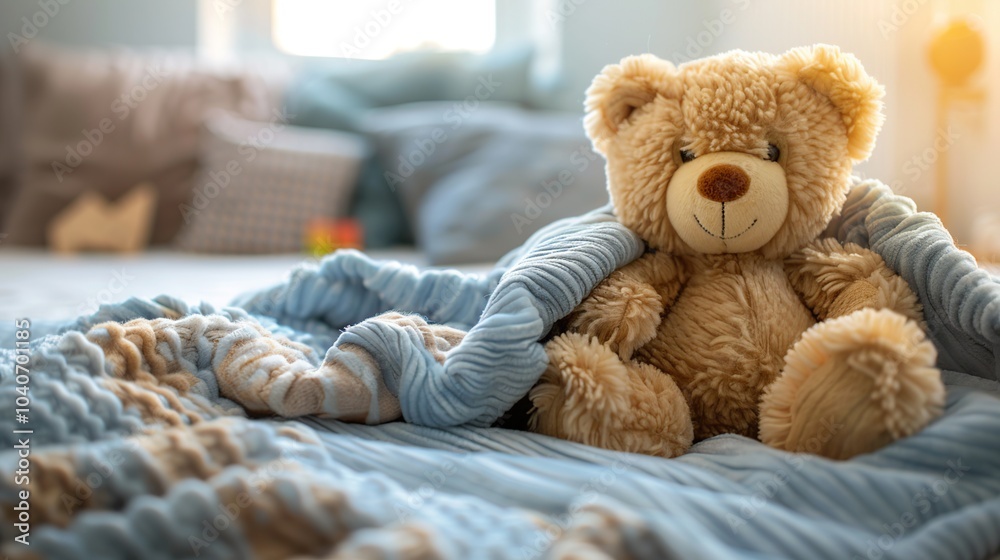 A cuddly teddy bear sits on a bed, wrapped in a soft blanket. A cuddly teddy bear sits on a bed, wrapped in a soft blanket.