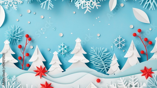 Winter Christmas and New year composition in paper cut style, created by children, kids. Hand made effect. Blue and white colors. Christmas tree, snowflakes, snow, berries.