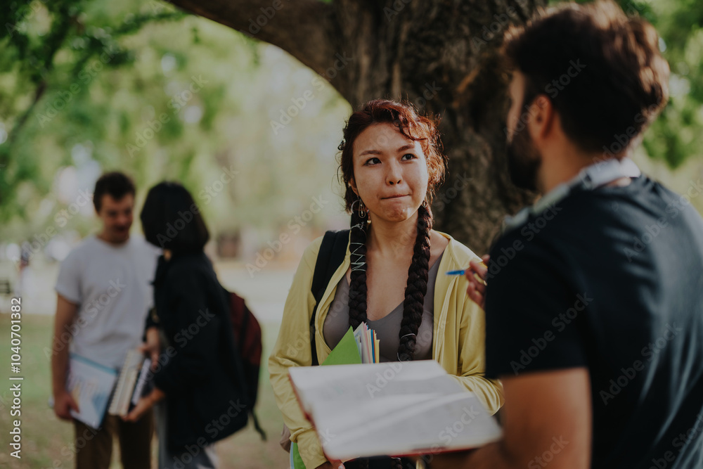 A group of multicultural students work together on school tasks in a park. They are engaged in conversation and collaboration, surrounded by lush greenery, conveying teamwork and diversity. A group of multicultural students work together on school tasks in a park. They are engaged in conversation and collaboration, surrounded by lush greenery, conveying teamwork and diversity.