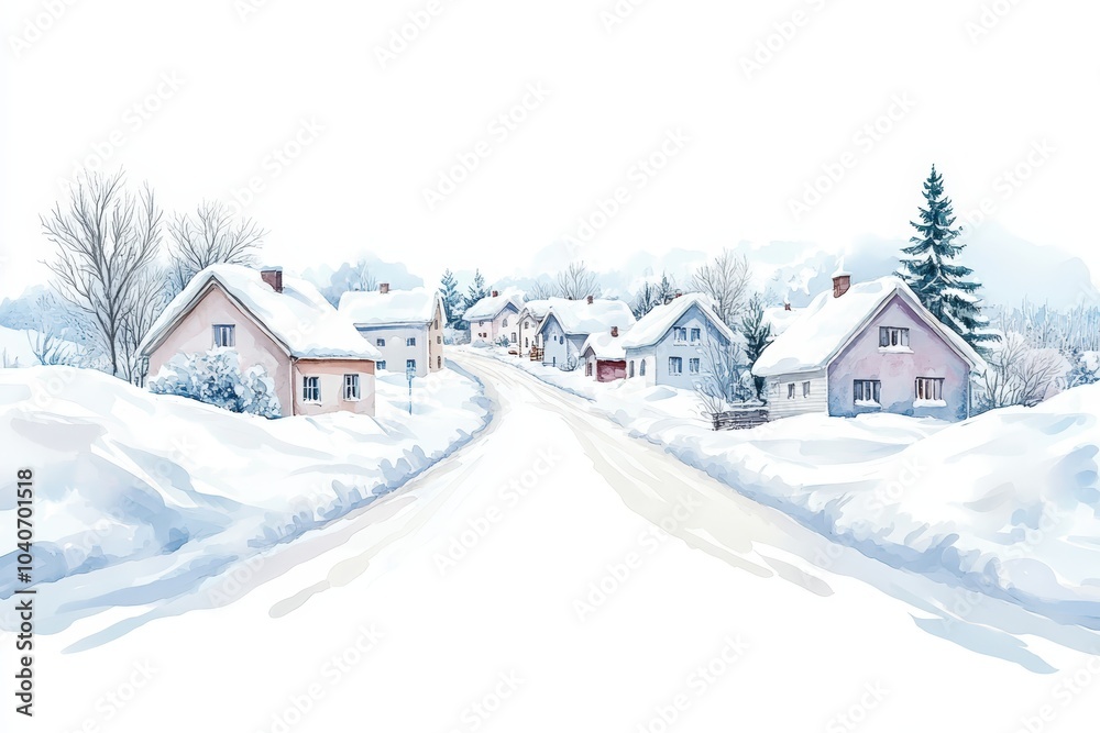Snow-covered village scene with charming houses and a serene winter road. Snow-covered village scene with charming houses and a serene winter road.