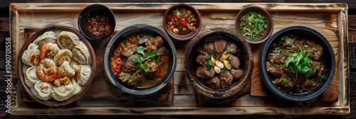 Asian Dishes Set, Azerbaijani Dumplings Giurza with Lamb Meat and Mutton Fillet in Ceramic Bowls