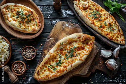 Georgian Food, Adjarian Khachapuri Dishes Set, Kutabs, Chebureks on Rustic Tablecloth Burlap Background photo