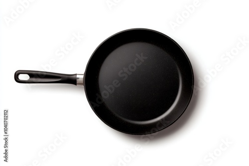 Black frying pan on white background, ideal for cooking and kitchen use.