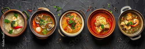 Asian Soups Set with Kespe Soup, Kullama or Beshbarmak, Fish Soup Bouillabaisse photo