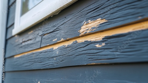 Close-up of peeling blue paint on wooden siding. Selective focus. Home maintenance and repair concept
