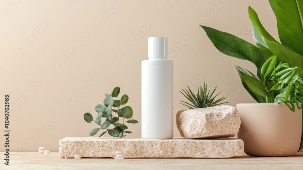 Cosmetic product display with natural elements on a stone base. Eco-friendly and beauty concept. Cosmetic product display with natural elements on a stone base. Eco-friendly and beauty concept.