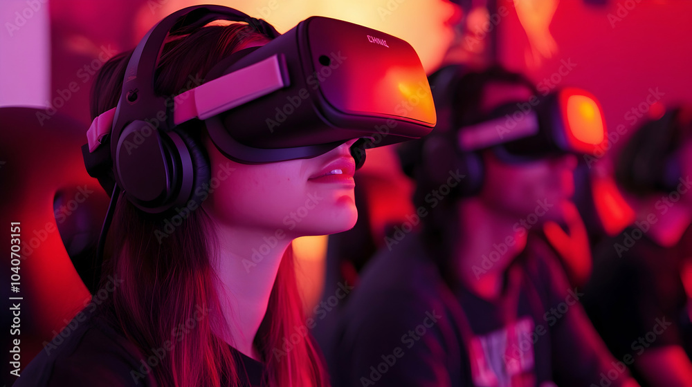 Immersive photo of gamers wearing VR headsets engaged in virtual reality games - Immersive photo of gamers wearing VR headsets engaged in virtual reality games -