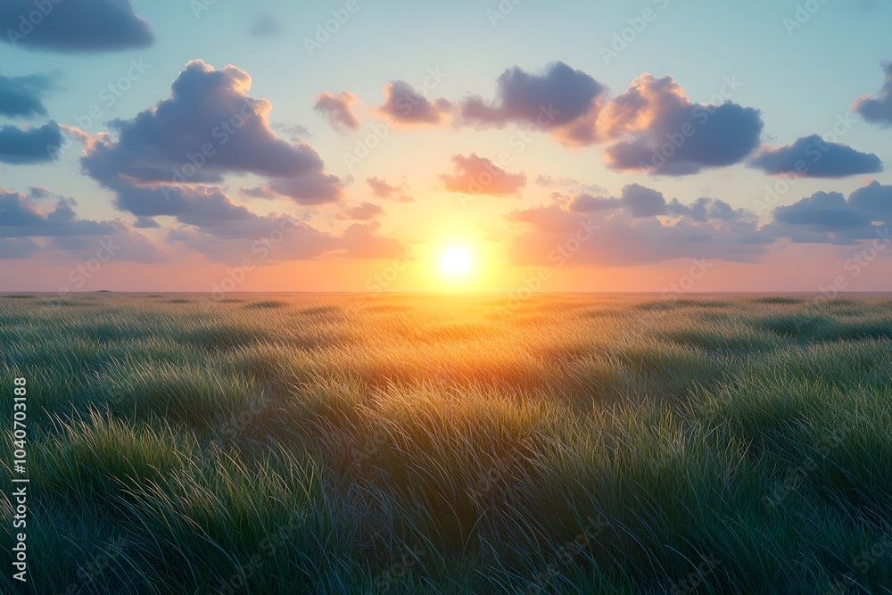Serene sunrise over a vast grassy field with a colorful sky and scattered clouds, creating a tranquil and picturesque morning scene.