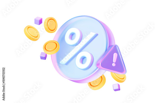 Label tag featuring a holographic 3D percent symbol with gold coins and a caution sign. Suitable for promotions, discounts, cash back, and bonuses.