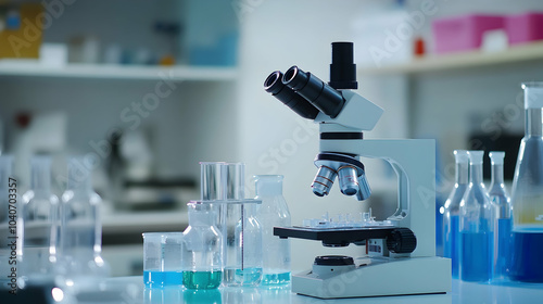 Microscope with lab glassware featured in a modern medical laboratory -