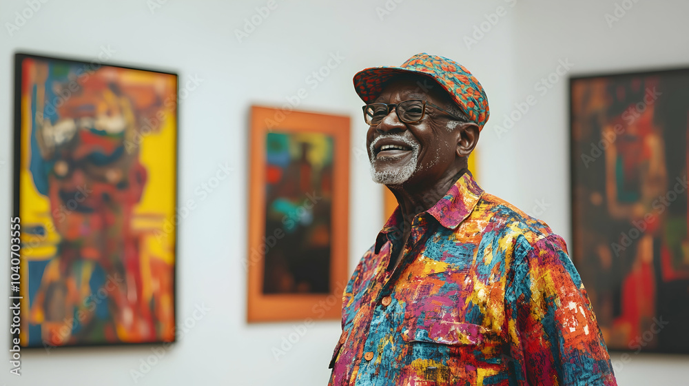 Old man wearing vibrant clothing in front of colorful artwork in a gallery - Old man wearing vibrant clothing in front of colorful artwork in a gallery -