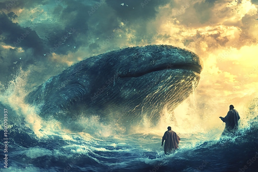Obraz premium Two men amazed by colossal whale emerging from ocean, creating massive waves. Giant sea creature moves gracefully, leaving them in awe. Epic scene with storm clouds and setting sun adds drama