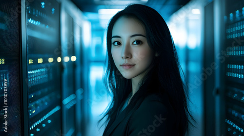 Portrait of an Asian woman engineer in a computer server room -