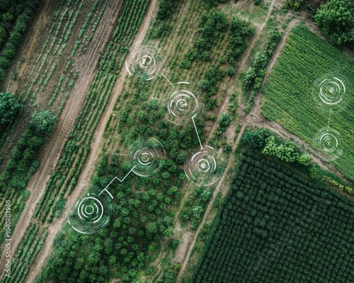 Aerial view a farm with IoT-connected devices monitoring soil moisture and crop health photo