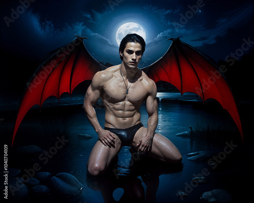 Handsome Demon Vampire Fallen Angel Kneeling in Lake at Night With Full Moon and Dark Water and Mountains in Background