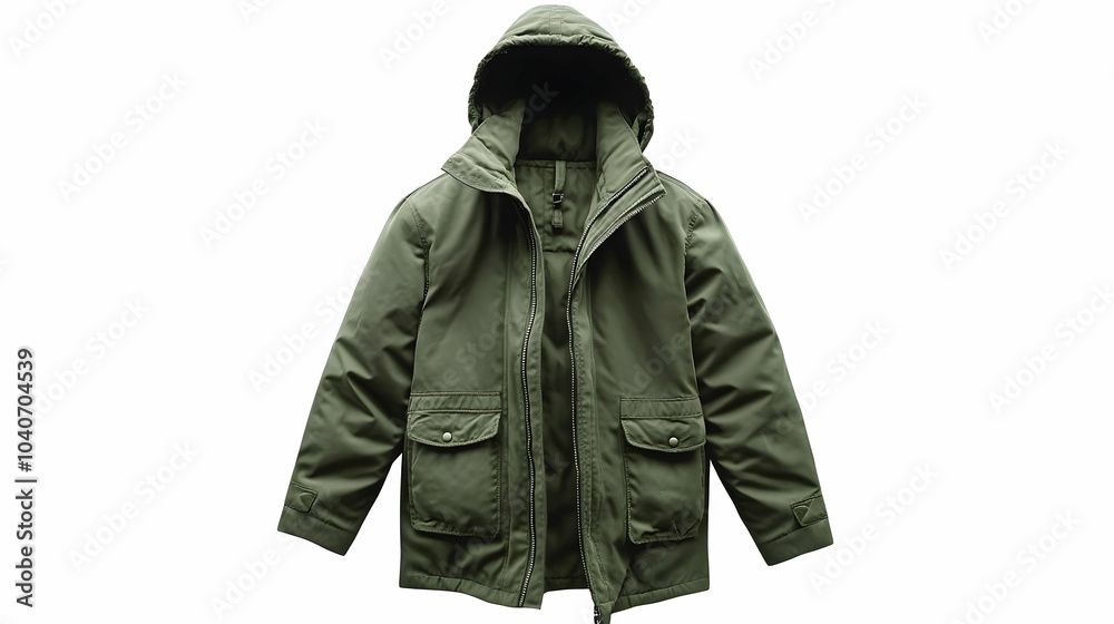 Stylish green parka with a hood hanging. Isolated on white background, - Stylish green parka with a hood hanging. Isolated on white background, -