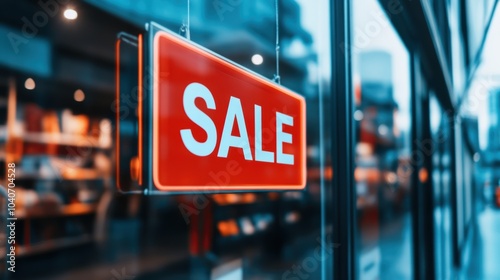 Red SALE sign hanging in front of a store window.