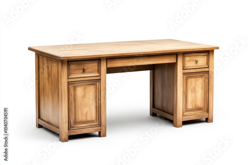 Wooden desk with drawers, white isolated background.