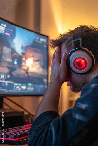 Gamer reacting to a frustrating moment in an intense online gaming session at home in the evening