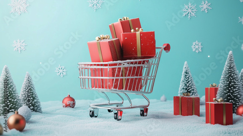 Wallpaper Mural Red Christmas gift boxes in a grocery cart. Purchases. Sales. New Year's screensaver. Advertising. Empty space. AI generation Torontodigital.ca