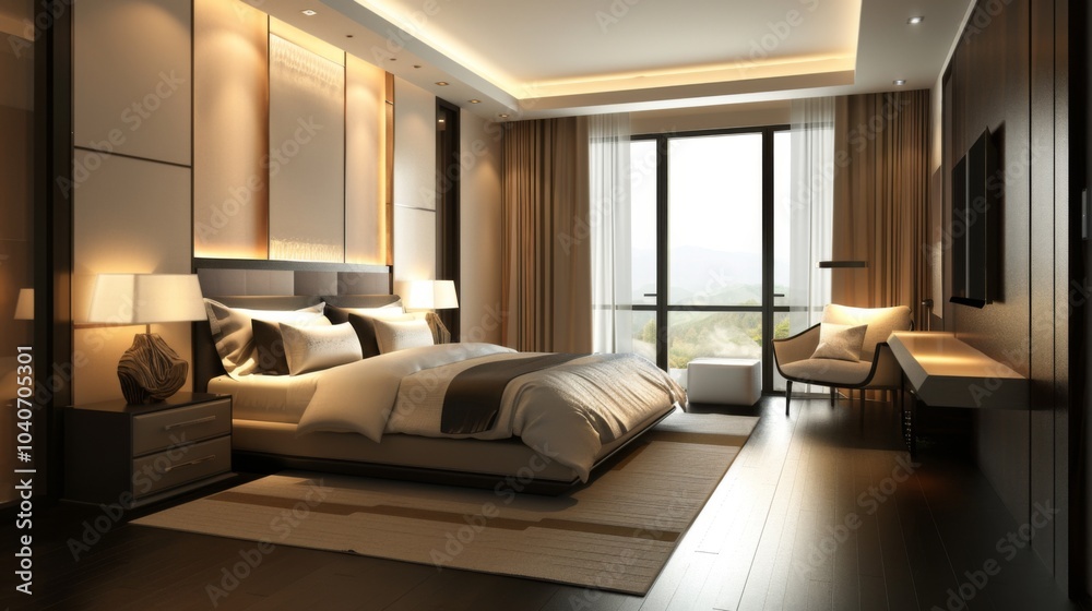 This image captures a spacious, elegant bedroom with luxurious furnishings, soft lighting, and large windows offering a serene view, emphasizing calm and comfort. This image captures a spacious, elegant bedroom with luxurious furnishings, soft lighting, and large windows offering a serene view, emphasizing calm and comfort.