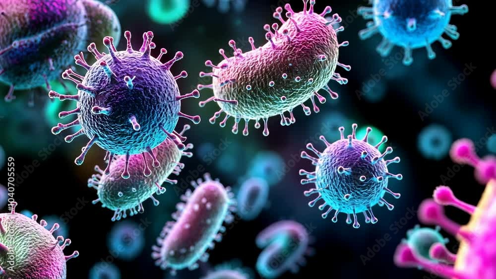 A close-up image of colorful viruses, showing their intricate structures and the potential for illness A close-up image of colorful viruses, showing their intricate structures and the potential for illness