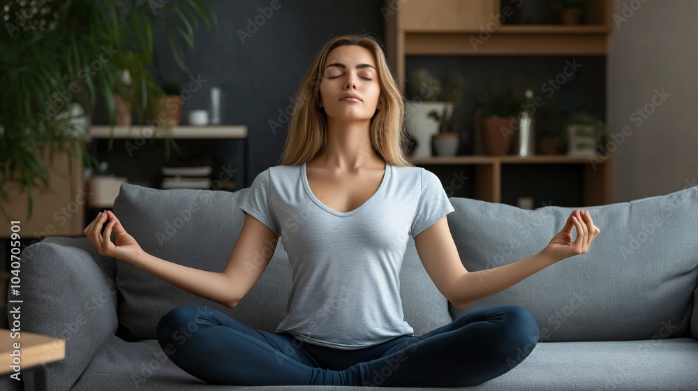 A young woman practices meditation in a cozy living room with plants and natural light during a calm afternoon A young woman practices meditation in a cozy living room with plants and natural light during a calm afternoon