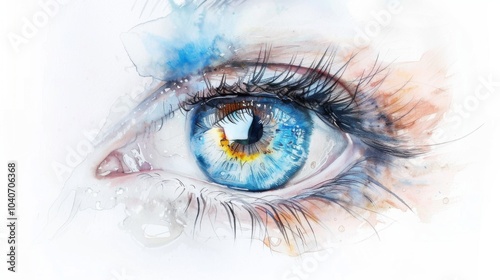 A striking watercolor painting showcasing a human eye, prominently featuring vibrant blue and orange tones with delicate, intricate details around the eye.