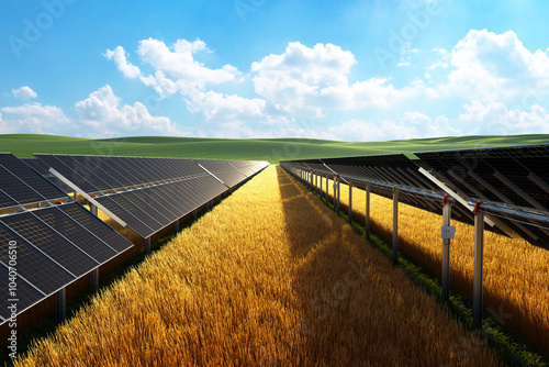 Solar Panels Amidst Wheat Field Illustrating Renewable Energy in Agriculture