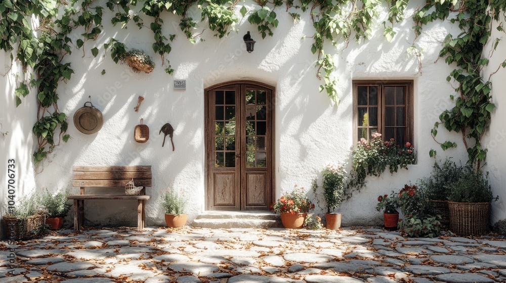 Charming entrance with greenery and rustic decor. Charming entrance with greenery and rustic decor.