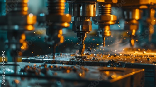 Close-up of a CNC machine operating with metal, producing sparks and swarf, highlighting the precision and advanced technology in modern manufacturing processes.