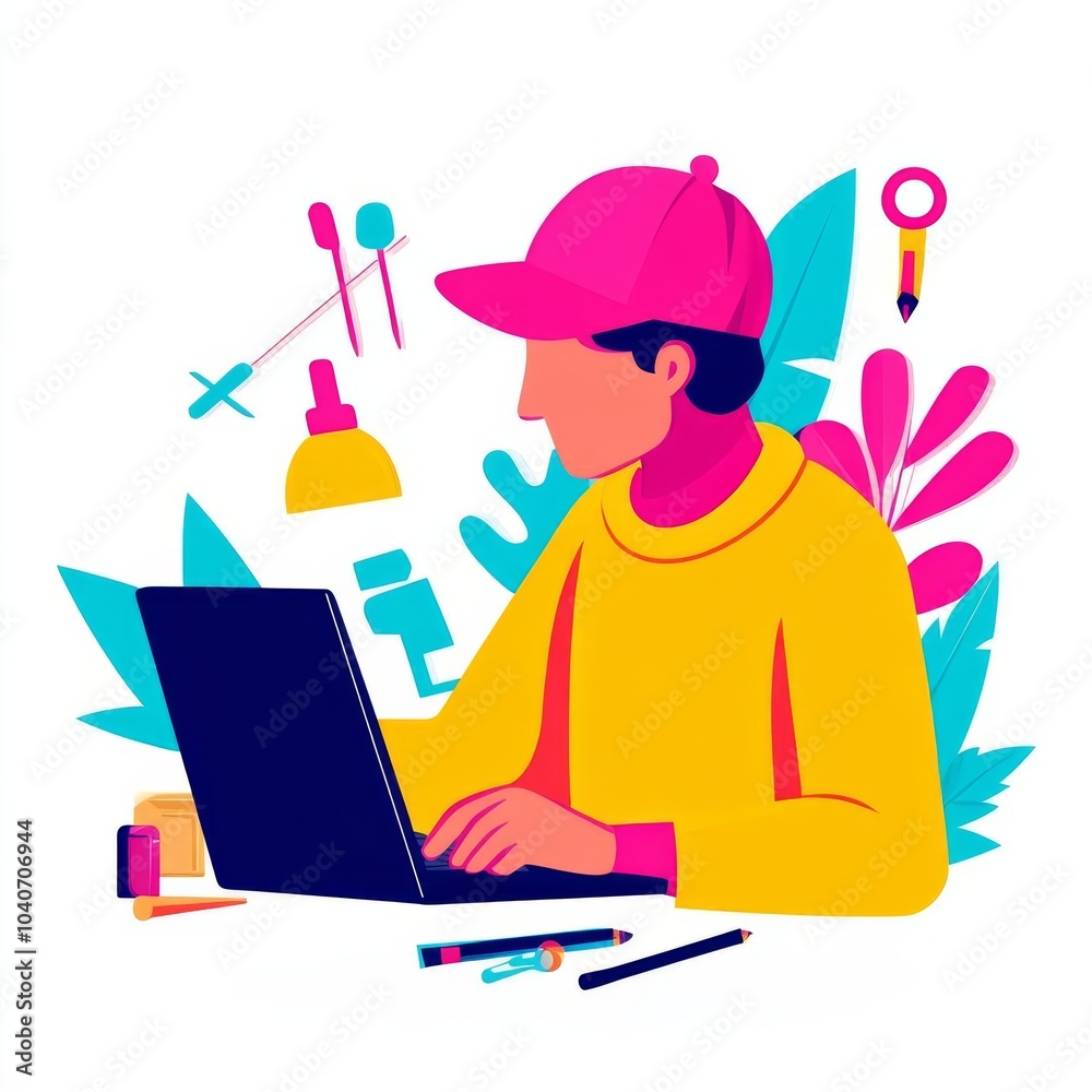 Fototapeta premium Startup founder preparing a website launch on a laptop, surrounded by tech tools