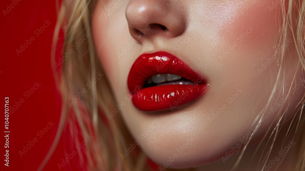 This image captures a striking close-up of glossy, bright red lips against a vivid red background, highlighting beauty, allure, and a glamorous aesthetic.