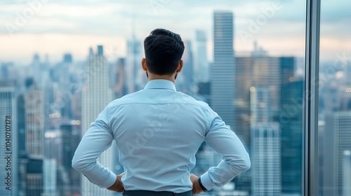 Startup founder reflecting on business plans while looking out at the skyline, planning future moves