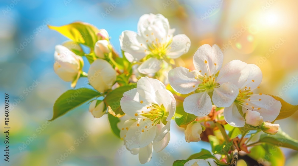 Fototapeta premium Beautiful white blossoms bathed in sunlight, set against a vivid blue sky, capturing the essence of spring's beauty and renewal with its vibrant and fresh energy.