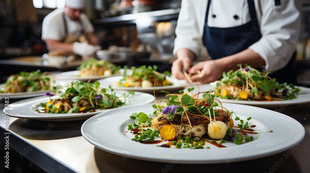 Obraz premium Chef plating gourmet dishes in a busy restaurant kitchen during dinner service